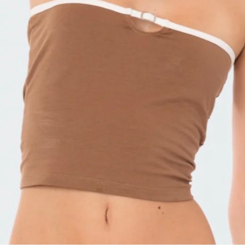 Edikted Tan Strapless Crop Top with White Trim